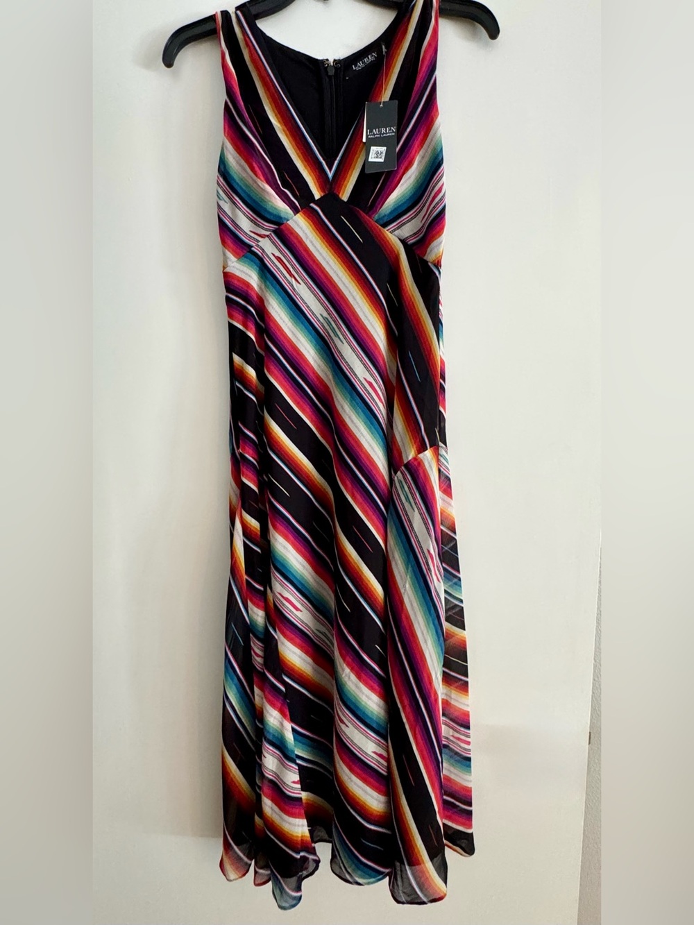 NEW Ralph Lauren Black Maxi midi Dress with Rainbow Stripes size 0